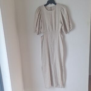 Minimalist Natural Lanhtropy Beige Puff Sleeve Dress Open On The Sides